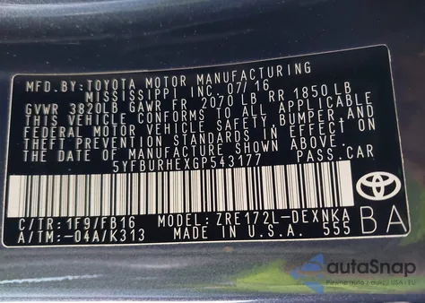 2016 Toyota Corolla Le Plus из США, поврежденный, VIN 5YFBURHEXGP543177